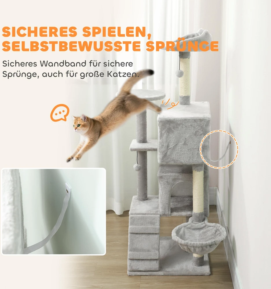 PawHut 140 cm kačių draskyklė, kelių lygių, sizalio draskymo stulpai, nameliai, pliušinės platformos, hamakas, kopėčios, žaisliniai kamuoliukai