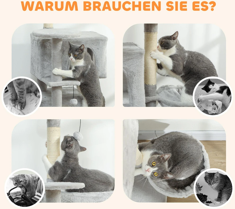 PawHut 140 cm kačių draskyklė, kelių lygių, sizalio draskymo stulpai, nameliai, pliušinės platformos, hamakas, kopėčios, žaisliniai kamuoliukai