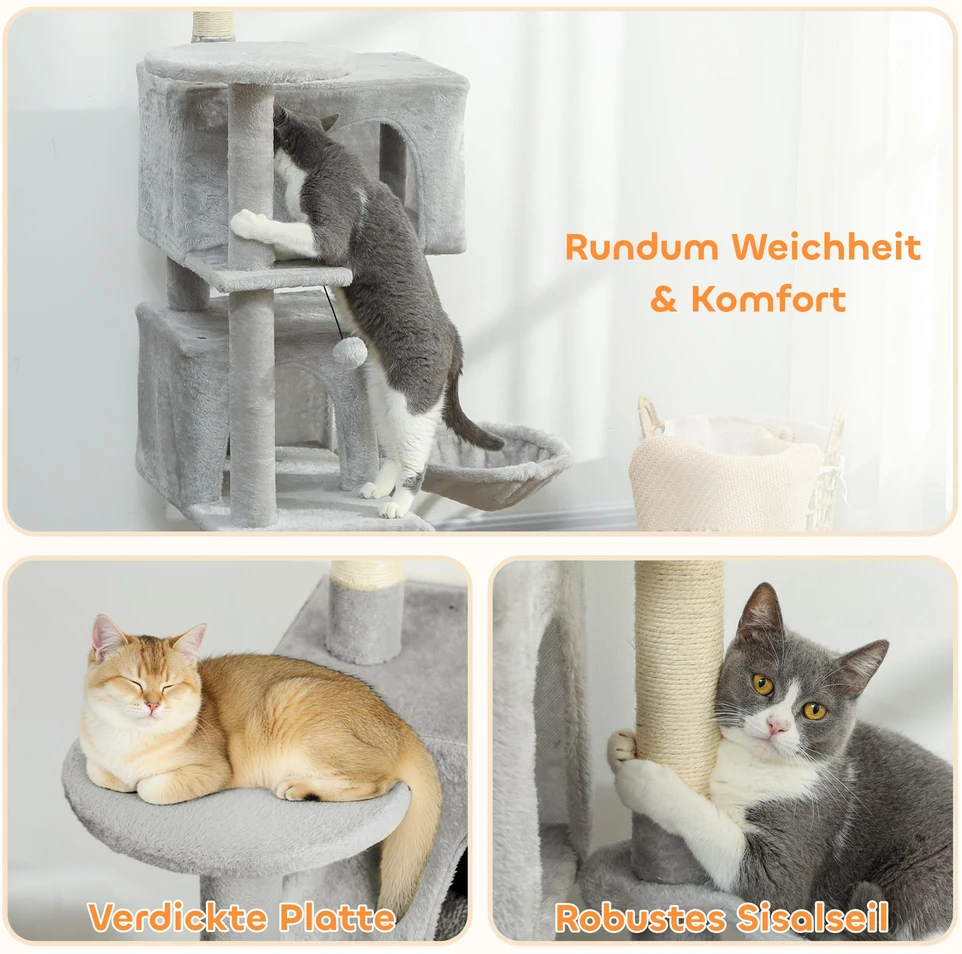 PawHut 140 cm kačių draskyklė, kelių lygių, sizalio draskymo stulpai, nameliai, pliušinės platformos, hamakas, kopėčios, žaisliniai kamuoliukai
