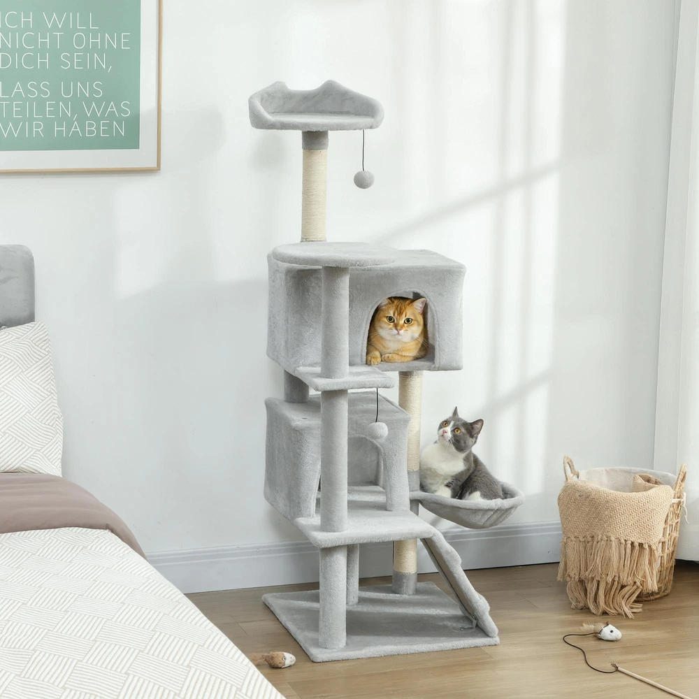 PawHut 140 cm kačių draskyklė, kelių lygių, sizalio draskymo stulpai, nameliai, pliušinės platformos, hamakas, kopėčios, žaisliniai kamuoliukai
