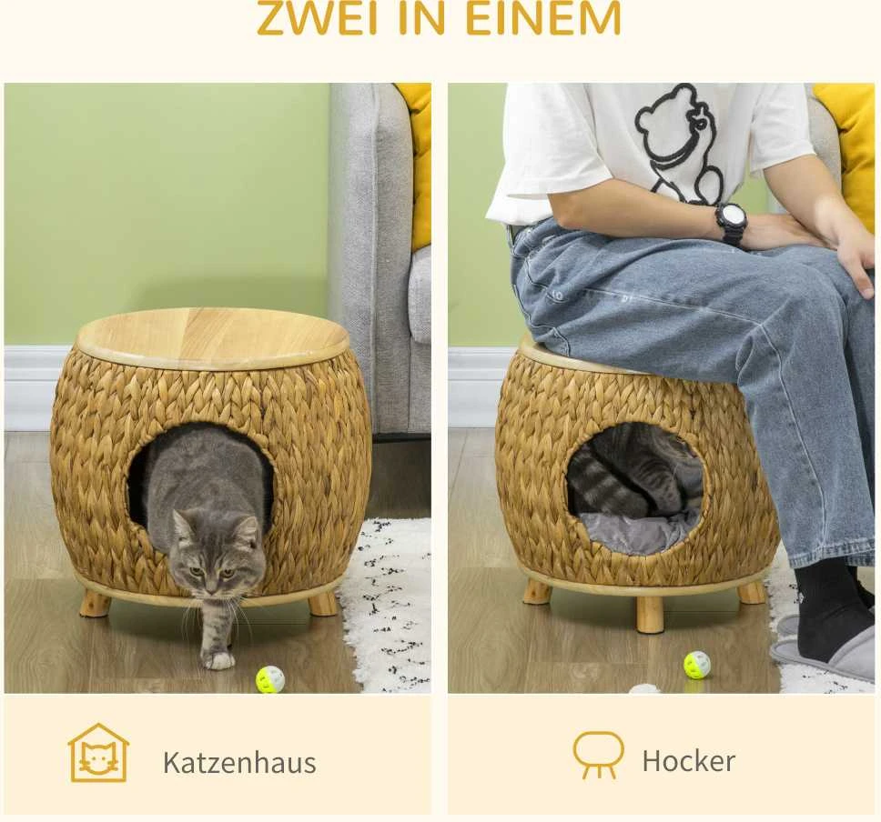 Pawhut kačių namelis, pintos tekstūros 2-in-1 dizainas, kačių gultas su pagalvėle, vandens hiacinto žolė ir Paulownia mediena, šviesiai ruda/pilka, 44 x 43 x 42 cm