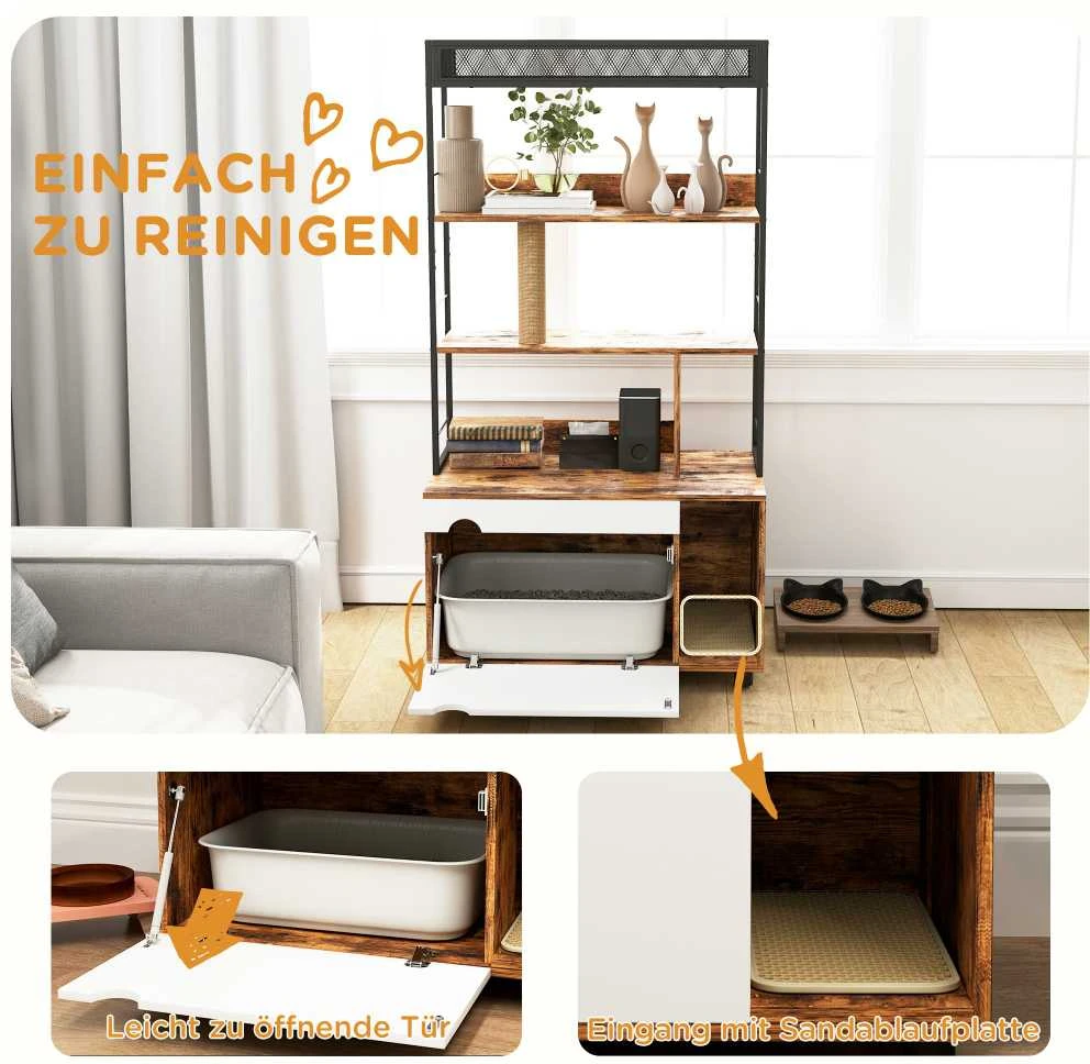 PawHut 2-in-1 kačių tualeto spintelė, kačių tualetas su 3 lygių lentyna, draskyklė, varstomos durys, namelis katėms iki 6kg, 80 x 48 x 152 cm, kaimiška ruda