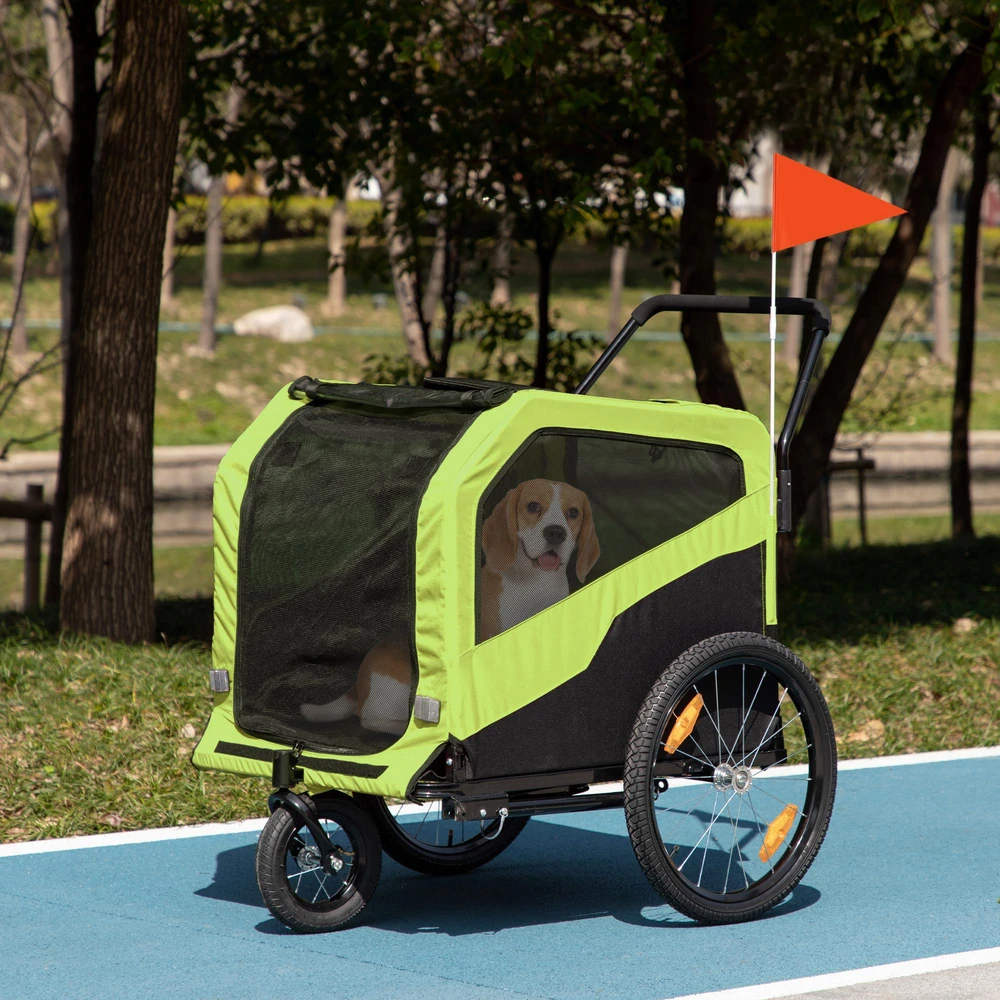"PawHut 2-in-1" priekaba šunims, dviračio priekaba šunims, vežimėlis šunims su atšvaitais, vežimėlis šunims iki 30 kg, dviračių priekaba dideliems šunims, Oksfordo audinys, žalia spalva
