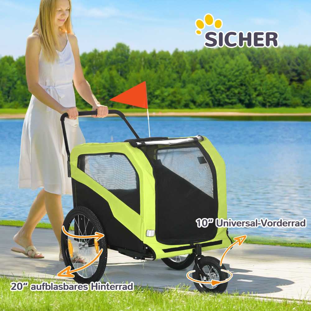 "PawHut 2-in-1" priekaba šunims, dviračio priekaba šunims, vežimėlis šunims su atšvaitais, vežimėlis šunims iki 30 kg, dviračių priekaba dideliems šunims, Oksfordo audinys, žalia spalva