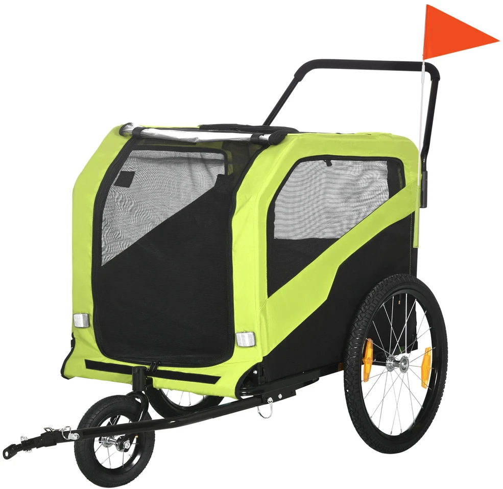 "PawHut 2-in-1" priekaba šunims, dviračio priekaba šunims, vežimėlis šunims su atšvaitais, vežimėlis šunims iki 30 kg, dviračių priekaba dideliems šunims, Oksfordo audinys, žalia spalva