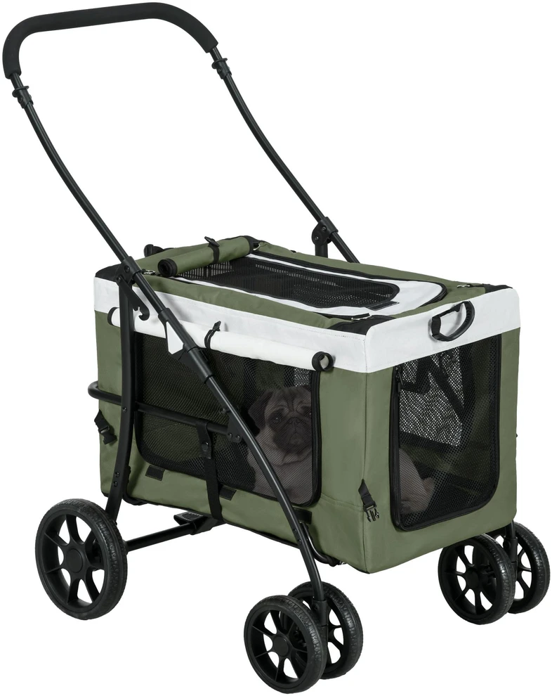 „PawHut“ 2-in-1 sulankstomas šunų ir kačių vežimėlis iki 10 kg, su pagalvėle, tinkliniais langais, durelėmis ir krepšiu daiktams laikyti, tamsiai žalias