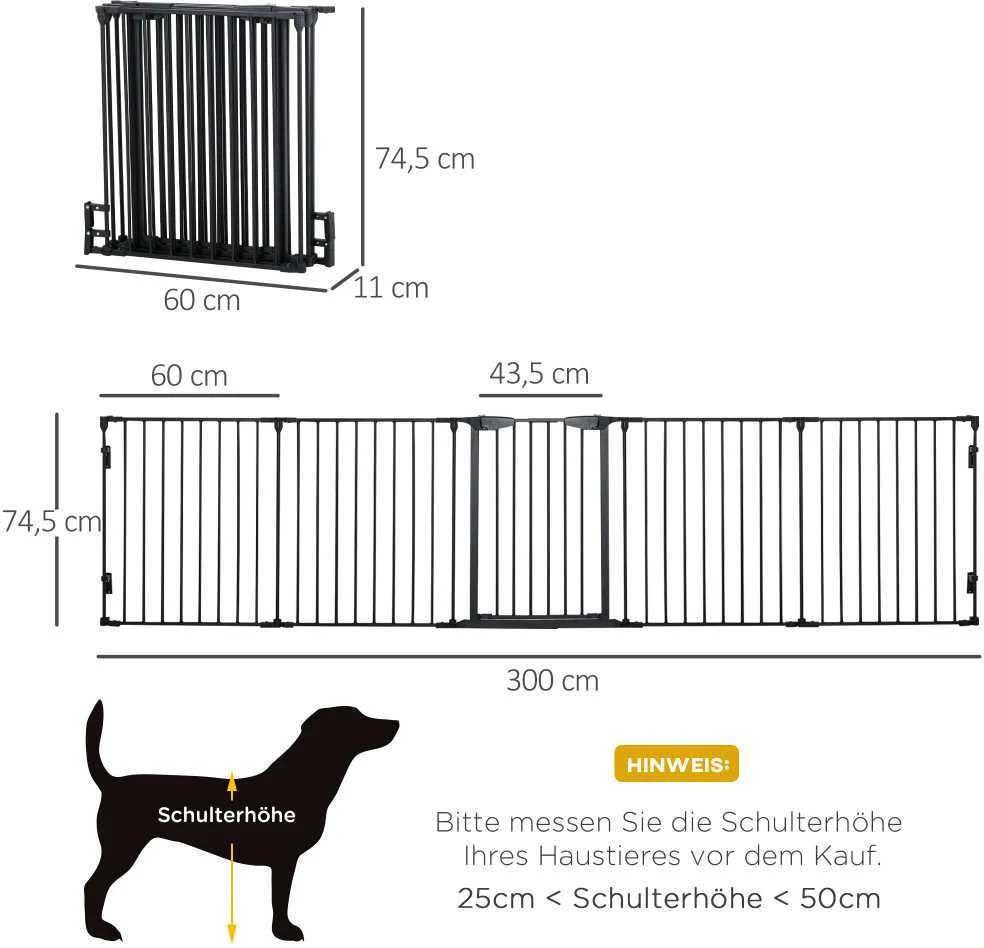 PawHut 2-in-1 voljeras šuniukams, 5 dalių, sulankstoma apsauginė tvorelė šunims su durelėmis, DIY voljeras mažų ir vidutinių veislių šunims, 300 x 74,5 cm, metalinis, juodas