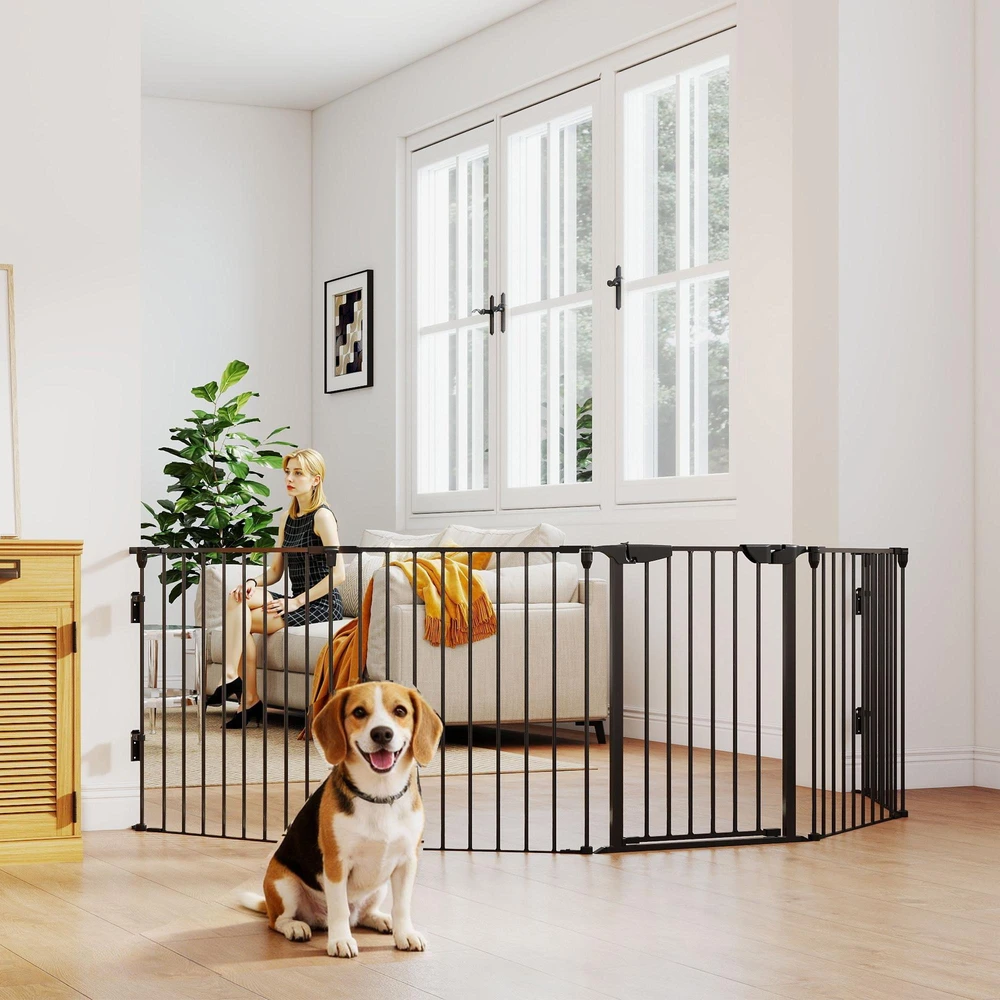 PawHut 2-in-1 voljeras šuniukams, 5 dalių, sulankstoma apsauginė tvorelė šunims su durelėmis, DIY voljeras mažų ir vidutinių veislių šunims, 300 x 74,5 cm, metalinis, juodas