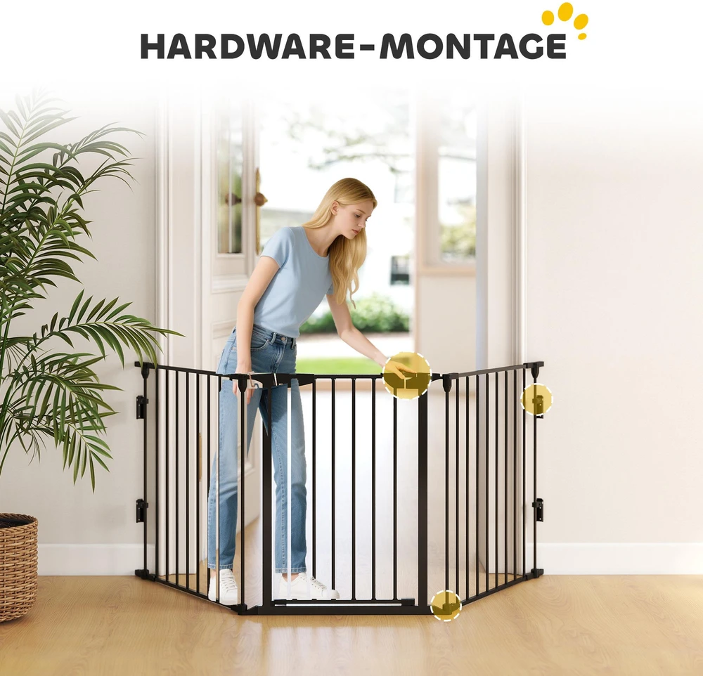 PawHut 2-in-1 voljeras šuniukams, 5 dalių, sulankstoma apsauginė tvorelė šunims su durelėmis, DIY voljeras mažų ir vidutinių veislių šunims, 300 x 74,5 cm, metalinis, juodas