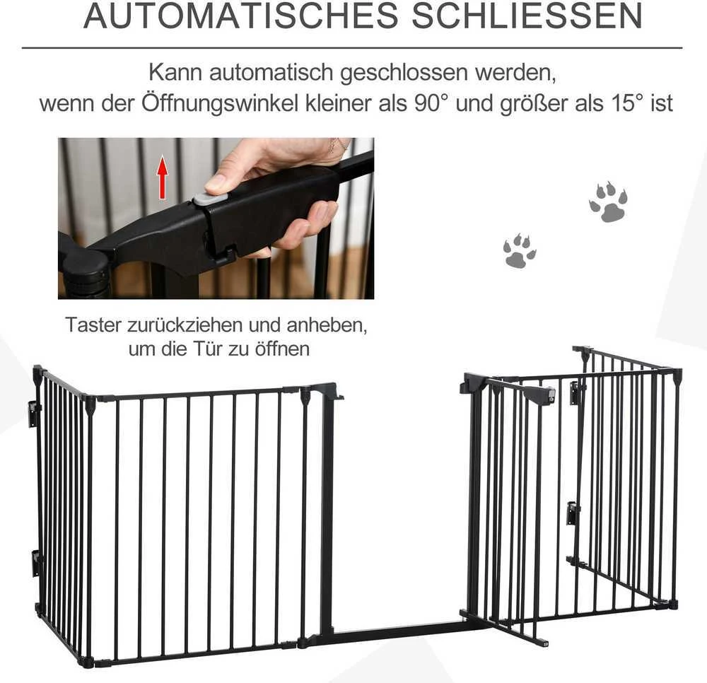 PawHut 2-in-1 voljeras šuniukams, 5 dalių, sulankstoma apsauginė tvorelė šunims su durelėmis, DIY voljeras mažų ir vidutinių veislių šunims, 300 x 74,5 cm, metalinis, juodas