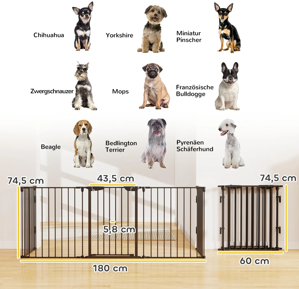 PawHut 2-in-1 voljeras šuniukams, 5 dalių, sulankstoma apsauginė tvorelė šunims su durelėmis, DIY voljeras mažų ir vidutinių veislių šunims, 300 x 74,5 cm, metalinis, juodas