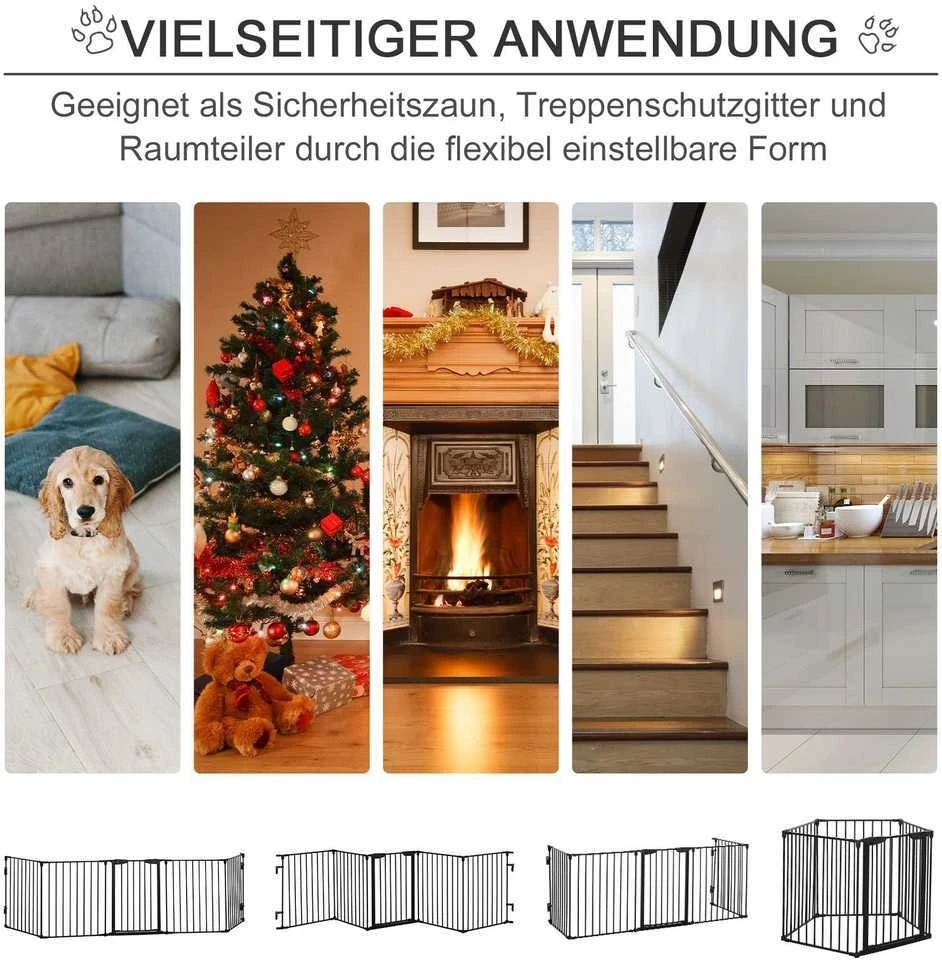 PawHut 2-in-1 voljeras šuniukams, 5 dalių, sulankstoma apsauginė tvorelė šunims su durelėmis, DIY voljeras mažų ir vidutinių veislių šunims, 300 x 74,5 cm, metalinis, juodas