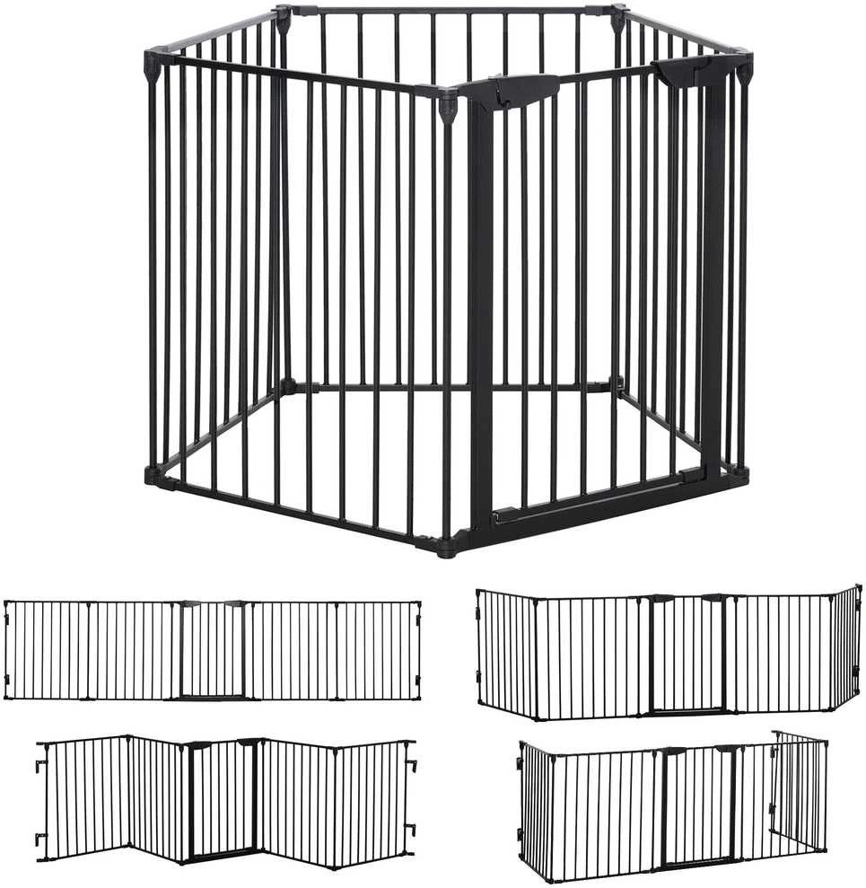 PawHut 2-in-1 voljeras šuniukams, 5 dalių, sulankstoma apsauginė tvorelė šunims su durelėmis, DIY voljeras mažų ir vidutinių veislių šunims, 300 x 74,5 cm, metalinis, juodas