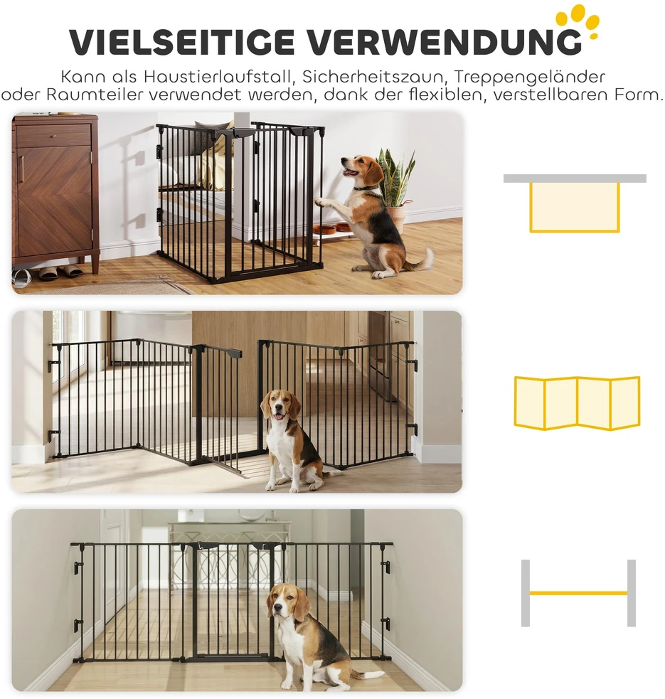 PawHut 2-in-1 voljeras šuniukams, 5 dalių, sulankstoma apsauginė tvorelė šunims su durelėmis, DIY voljeras mažų ir vidutinių veislių šunims, 300 x 74,5 cm, metalinis, juodas