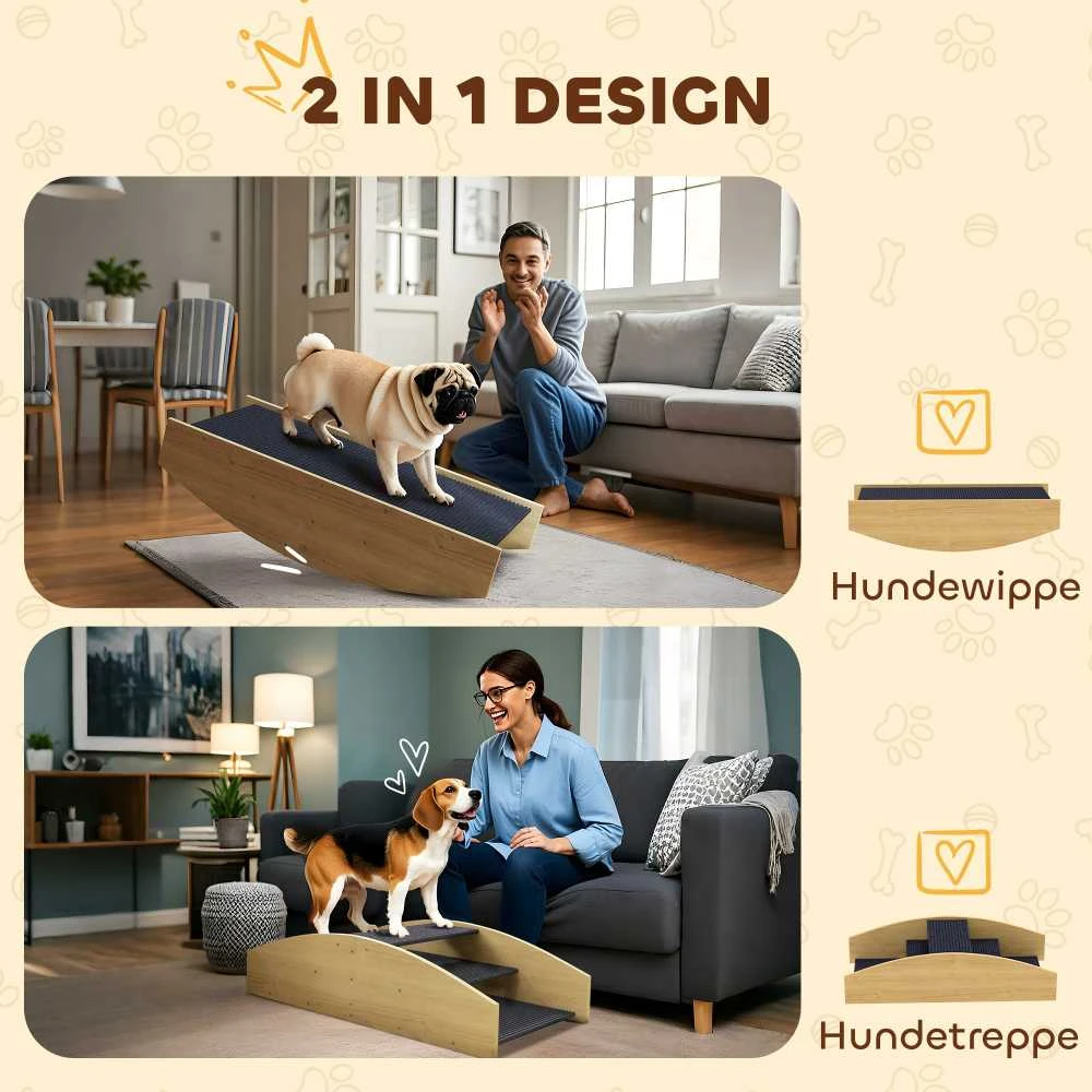 PawHut 2-in-1 šunų sūpynės, medinės šunų „Agility“ sūpynės, šunų „Agility“ rampa mažų ir vidutinių veislių šunims iki 15 kg, pusiausvyrai ir pasitikėjimui ugdyti, 80 x 39,5 x 20 cm, natūralaus medžio