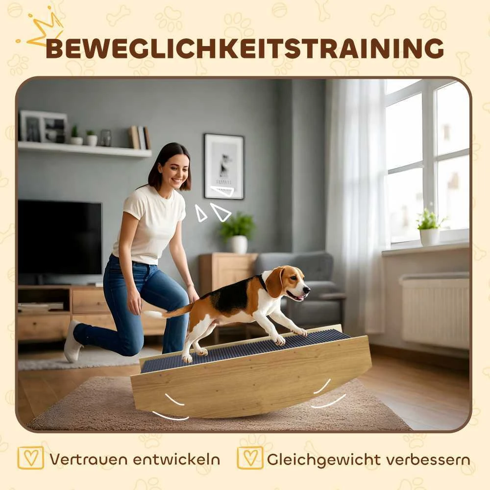 PawHut 2-in-1 šunų sūpynės, medinės šunų „Agility“ sūpynės, šunų „Agility“ rampa mažų ir vidutinių veislių šunims iki 15 kg, pusiausvyrai ir pasitikėjimui ugdyti, 80 x 39,5 x 20 cm, natūralaus medžio