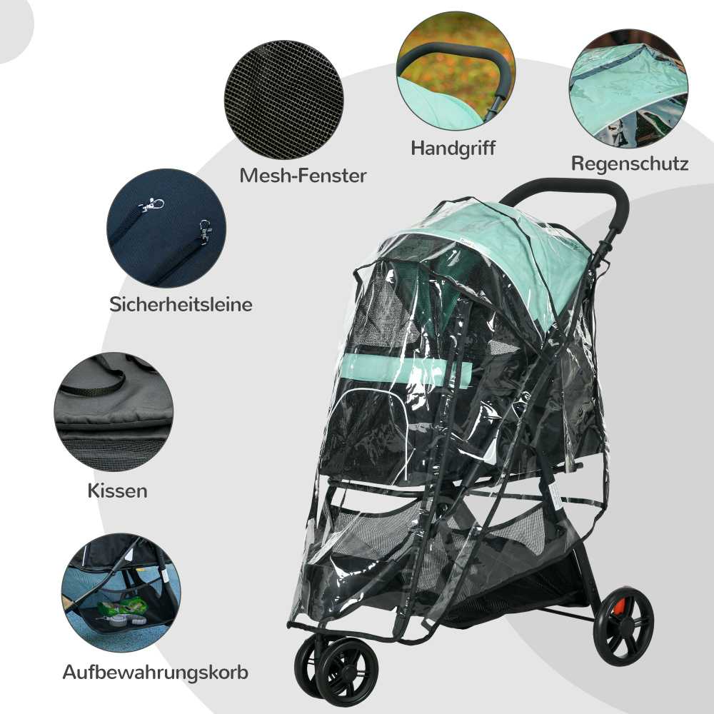 PawHut 2 viename vežimėlis šunims ir katėms iki 10 kg su apsauga nuo lietaus, sulankstomas, žalias