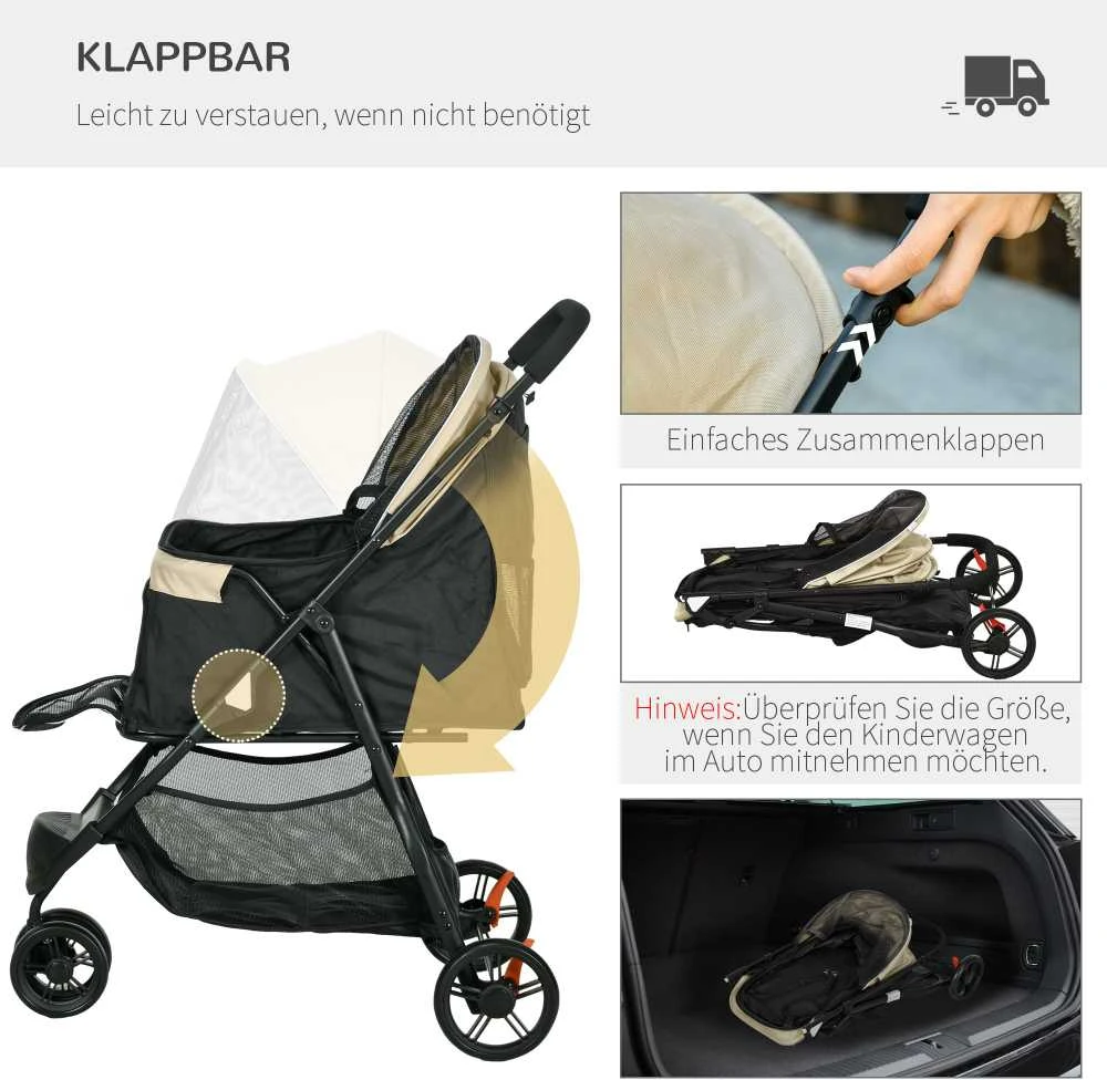 PawHut 2-in-1 šunų vežimėlis su apsauga nuo lietaus, sulankstomas, skirtas šunims ir katėms iki 10 kg, su pagalve, tinkliniais langais, durelėmis ir krepšiu daiktams, chaki spalvos