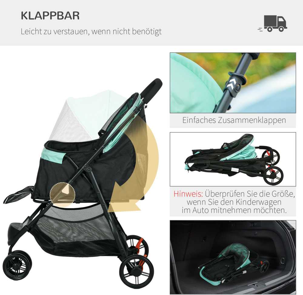 PawHut 2 viename vežimėlis šunims ir katėms iki 10 kg su apsauga nuo lietaus, sulankstomas, žalias
