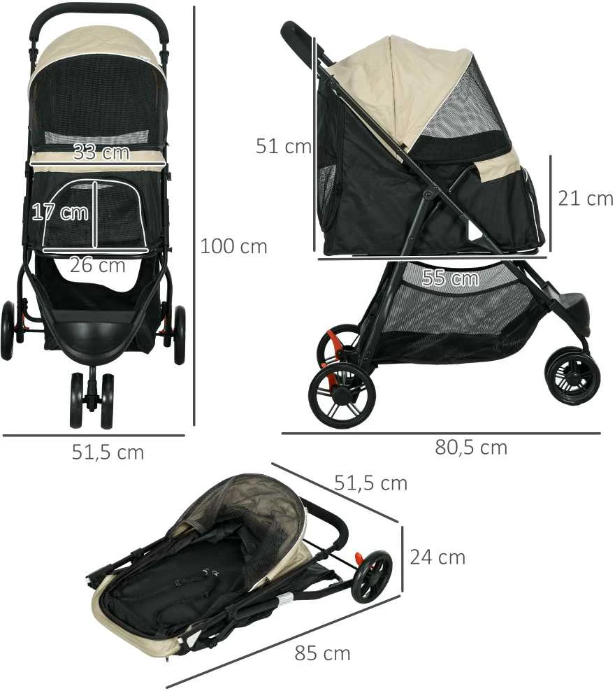 PawHut 2-in-1 šunų vežimėlis su apsauga nuo lietaus, sulankstomas, skirtas šunims ir katėms iki 10 kg, su pagalve, tinkliniais langais, durelėmis ir krepšiu daiktams, chaki spalvos