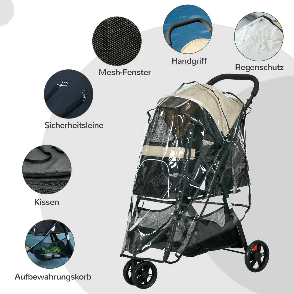 PawHut 2-in-1 šunų vežimėlis su apsauga nuo lietaus, sulankstomas, skirtas šunims ir katėms iki 10 kg, su pagalve, tinkliniais langais, durelėmis ir krepšiu daiktams, chaki spalvos
