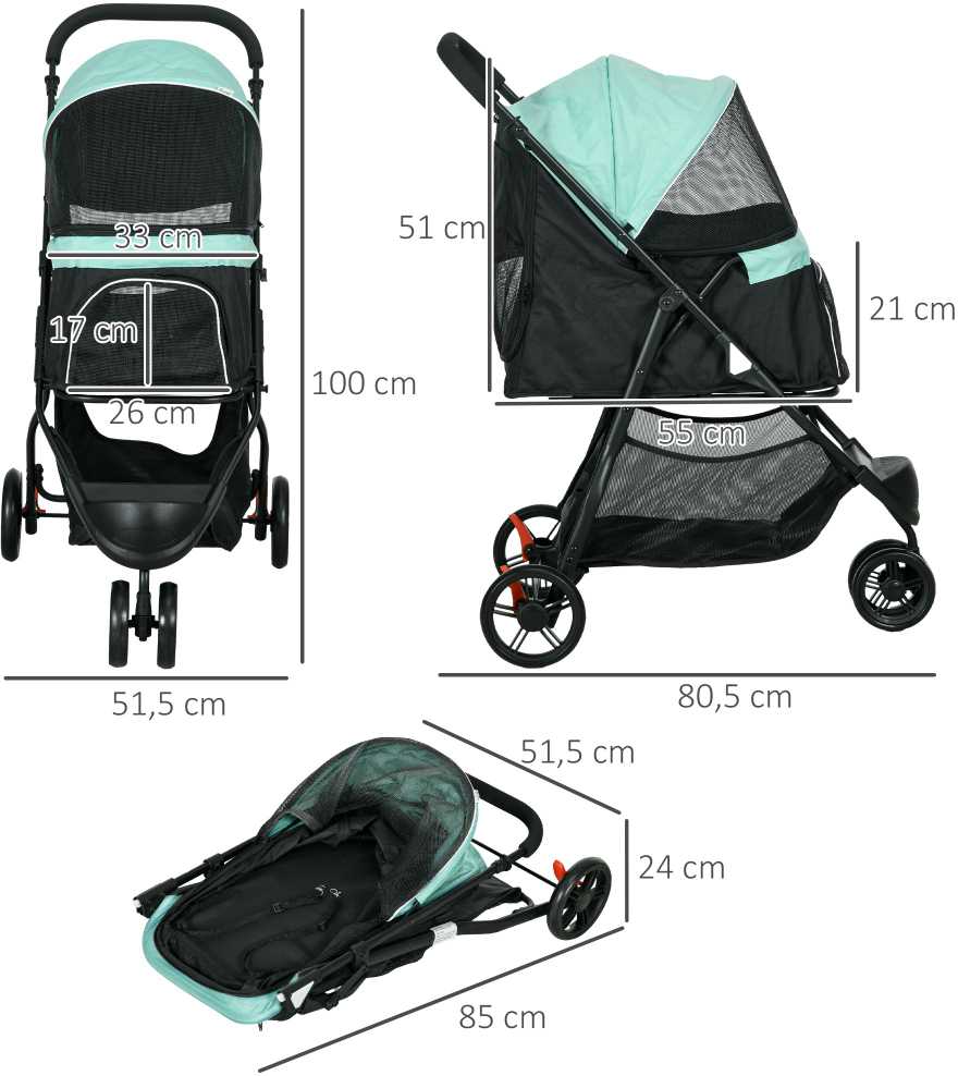 PawHut 2 viename vežimėlis šunims ir katėms iki 10 kg su apsauga nuo lietaus, sulankstomas, žalias