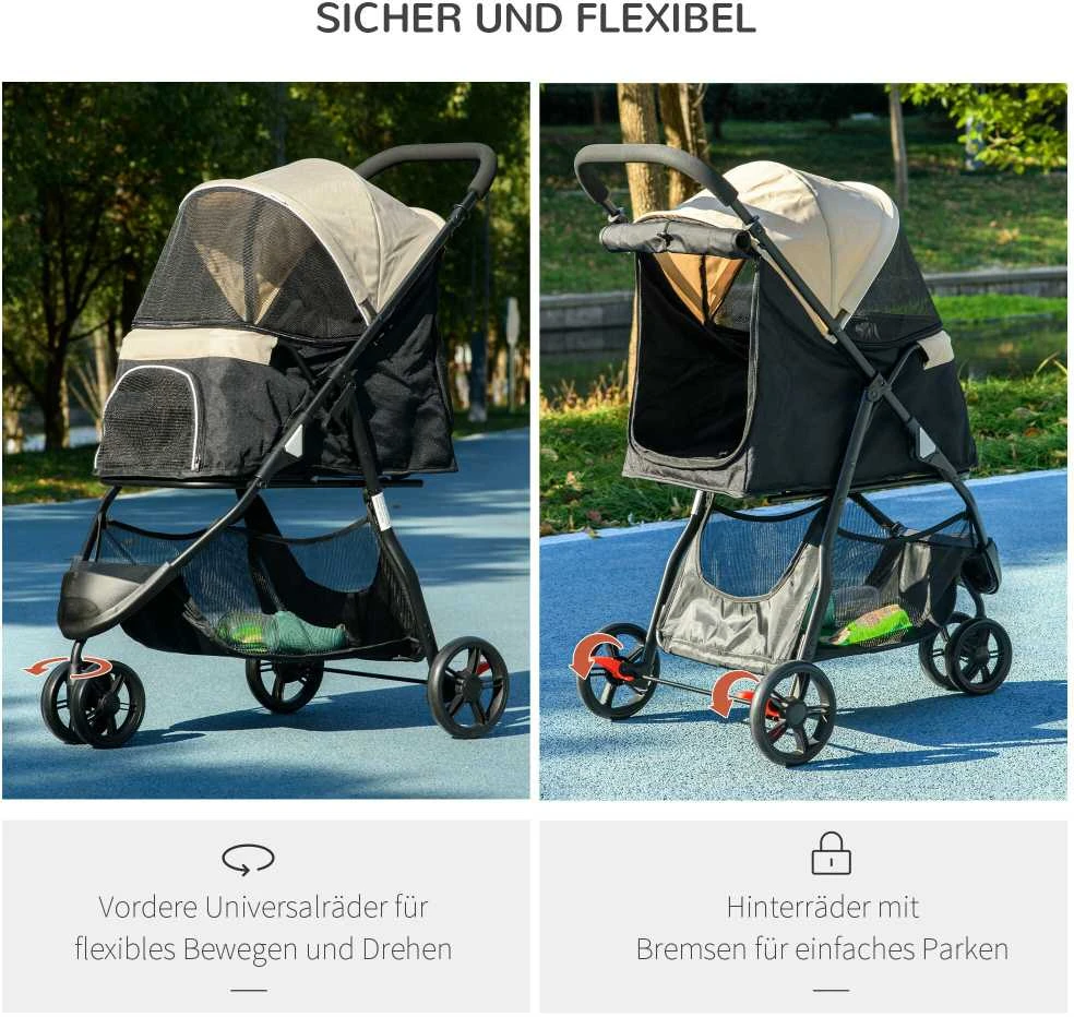 PawHut 2-in-1 šunų vežimėlis su apsauga nuo lietaus, sulankstomas, skirtas šunims ir katėms iki 10 kg, su pagalve, tinkliniais langais, durelėmis ir krepšiu daiktams, chaki spalvos