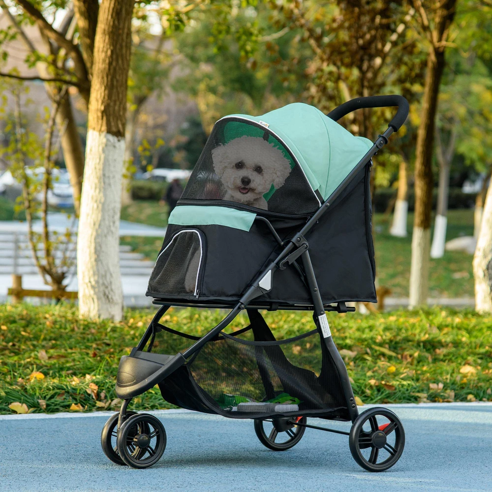 PawHut 2 viename vežimėlis šunims ir katėms iki 10 kg su apsauga nuo lietaus, sulankstomas, žalias