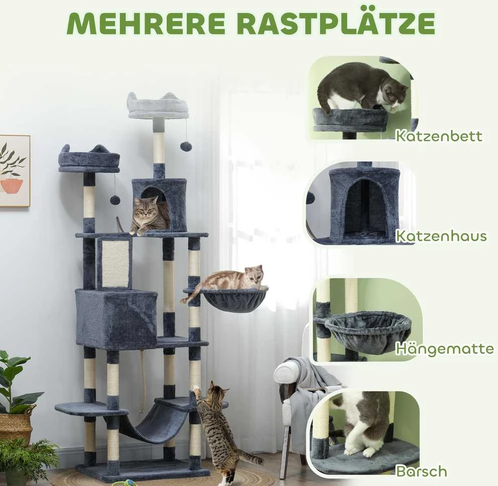 PawHut draskyklė 206 cm kačių bokštas su nameliu, 2 žaisliniais kamuoliukais, sizalio stulpais, platforma didelėms katėms, tamsiai pilka