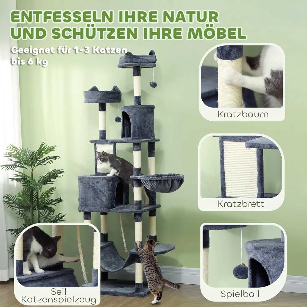 PawHut draskyklė 206 cm kačių bokštas su nameliu, 2 žaisliniais kamuoliukais, sizalio stulpais, platforma didelėms katėms, tamsiai pilka