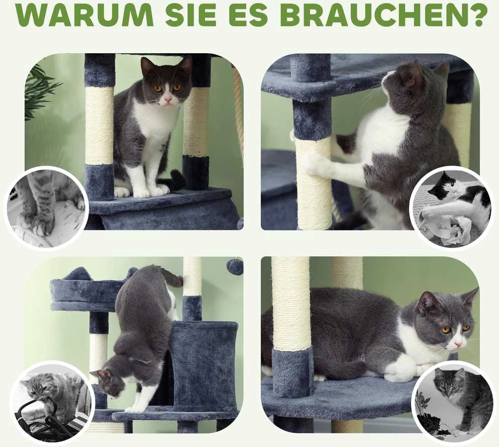 PawHut draskyklė 206 cm kačių bokštas su nameliu, 2 žaisliniais kamuoliukais, sizalio stulpais, platforma didelėms katėms, tamsiai pilka