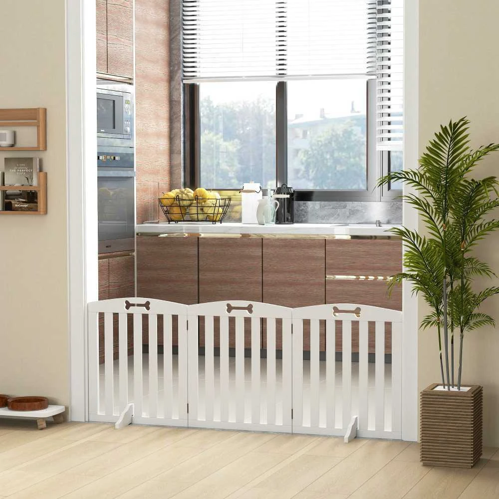 PawHut 3 dalių šunų atitvaras, 155 x 61 cm, sulankstomi apsauginiai varteliai su 2 atraminėmis kojelėmis, laisvai pastatomas šunų atitvaras, laiptų atitvaras vidutinio dydžio šunims, koridoriui, laiptams, baltas