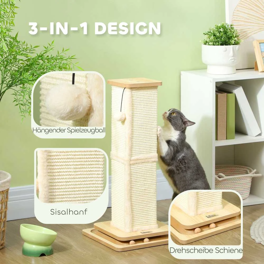 PawHut 3-in-1 draskyklė, 67 cm draskymo stulpas, sisalinis kačių draskytuvas su žaisliniu kamuoliuku, draskyklė katėms, kačių baldai, vidaus naudojimui, ąžuolo spalvos