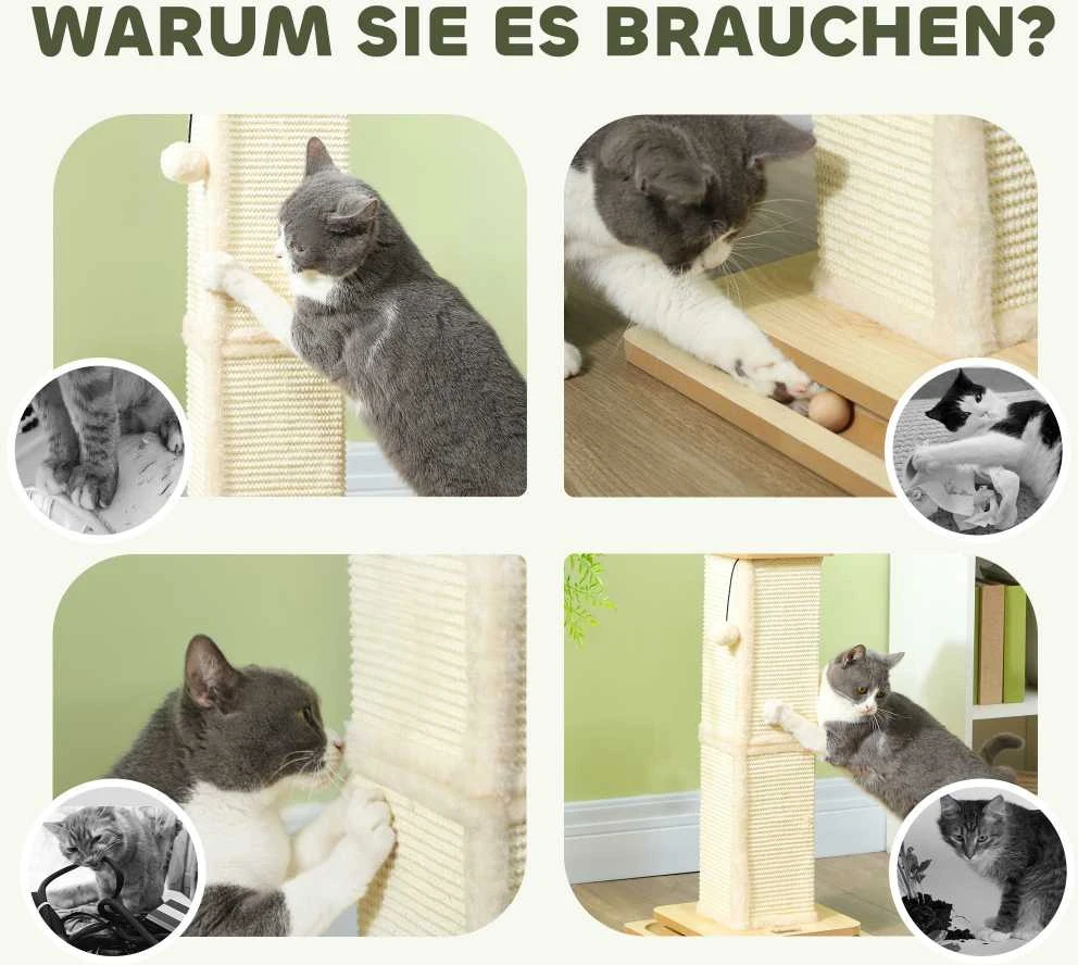 PawHut 3-in-1 draskyklė, 67 cm draskymo stulpas, sisalinis kačių draskytuvas su žaisliniu kamuoliuku, draskyklė katėms, kačių baldai, vidaus naudojimui, ąžuolo spalvos
