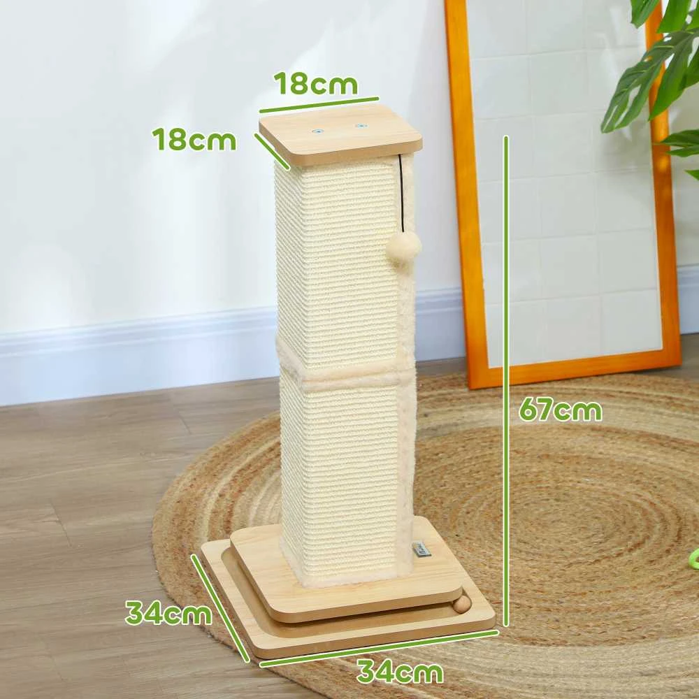 PawHut 3-in-1 draskyklė, 67 cm draskymo stulpas, sisalinis kačių draskytuvas su žaisliniu kamuoliuku, draskyklė katėms, kačių baldai, vidaus naudojimui, ąžuolo spalvos