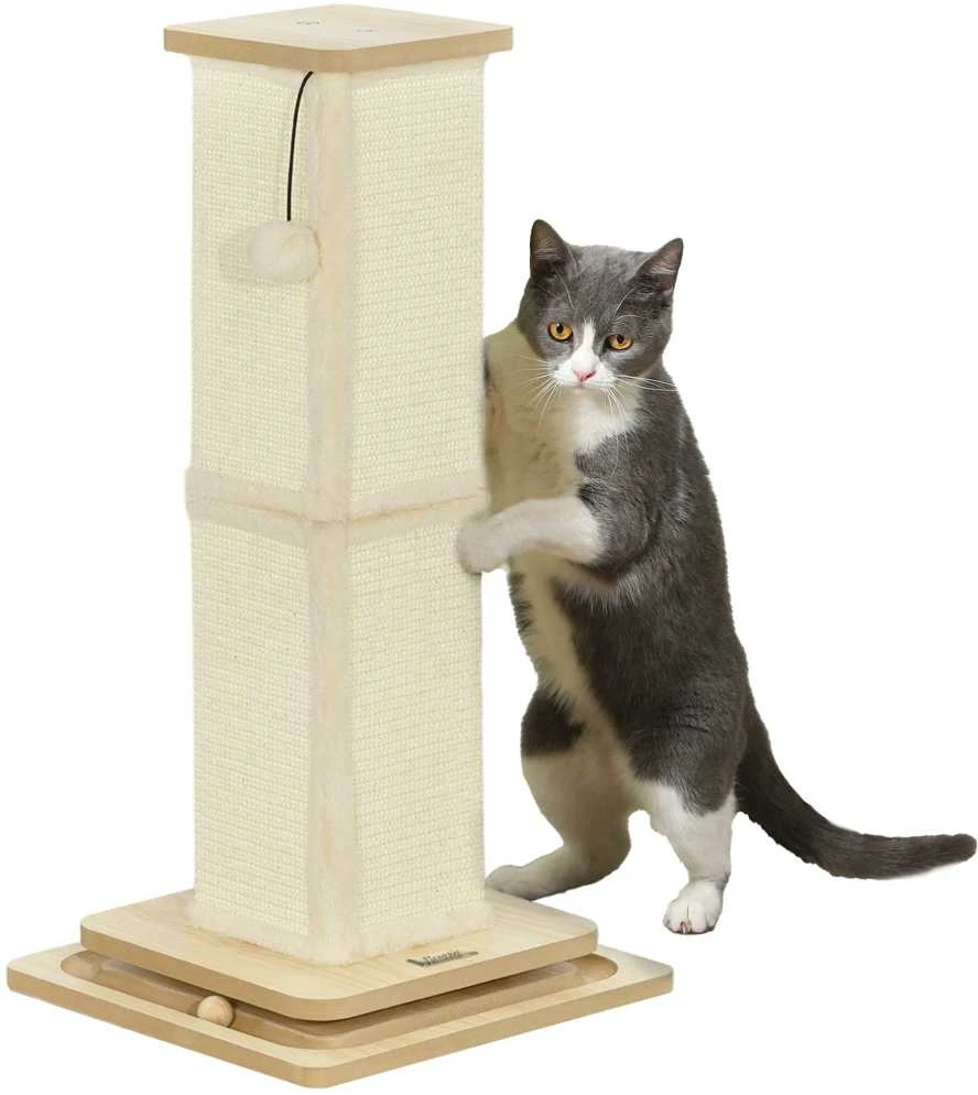 PawHut 3-in-1 draskyklė, 67 cm draskymo stulpas, sisalinis kačių draskytuvas su žaisliniu kamuoliuku, draskyklė katėms, kačių baldai, vidaus naudojimui, ąžuolo spalvos