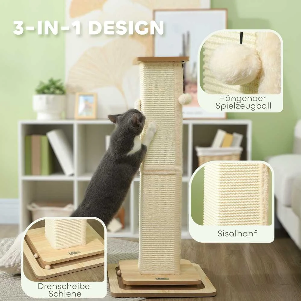 PawHut 3-in-1 draskyklė, 87 cm draskyklės kolona, sizalio kačių draskyklė su žaisliniu kamuoliuku, kačių draskyklė, kačių baldai, patalpoms, ąžuolo spalvos