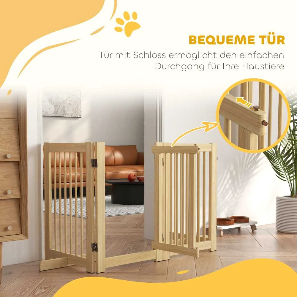 PawHut 4 dalių sulankstoma šunų apsauginė tvorelė, 204 x 75 cm, su durelėmis, laisvai pastatoma, su 2 atraminėmis kojelėmis, medinė tvorelė laiptams, koridoriui, virtuvei, natūralaus medžio spalvos