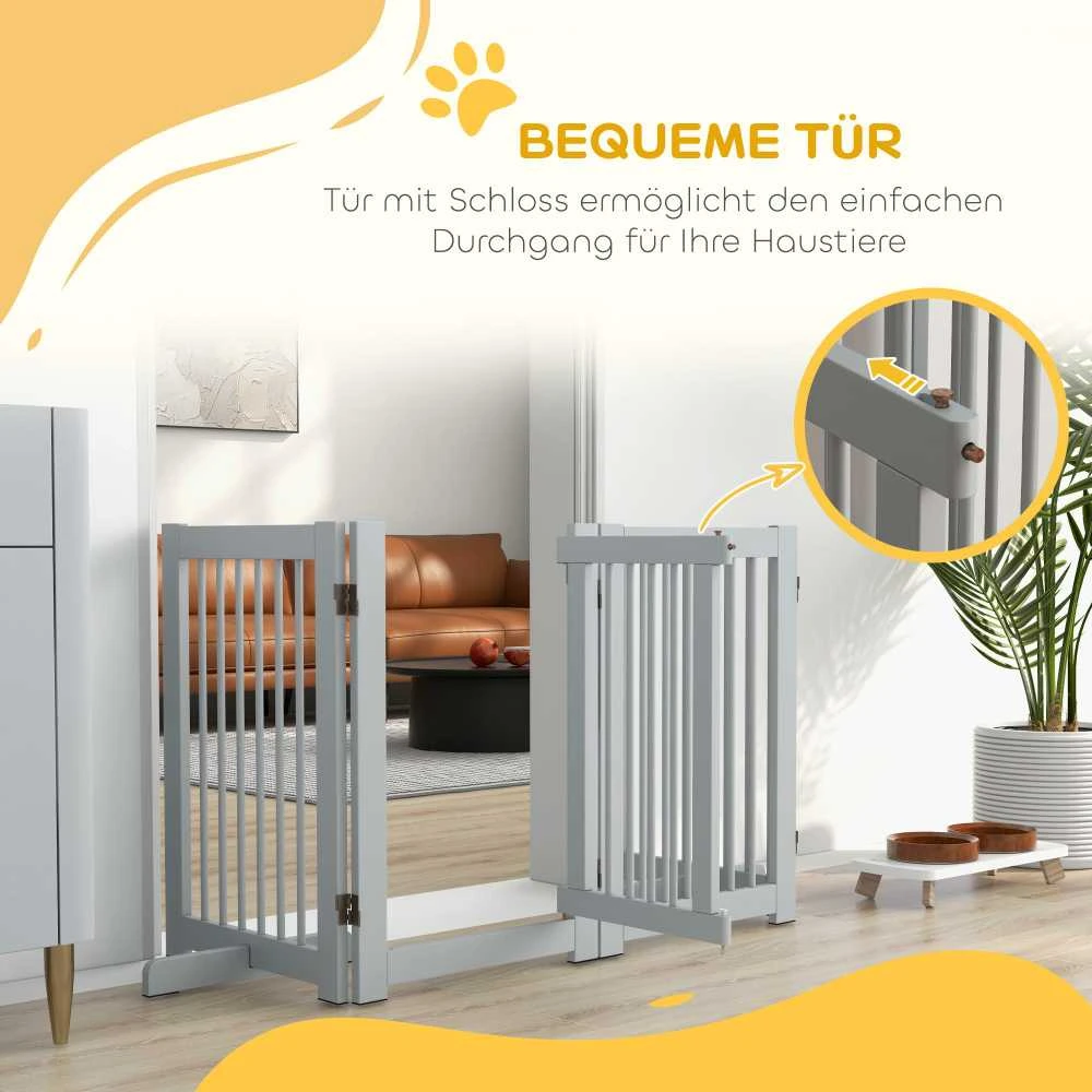 PawHut 4 dalių šunų atitvaras, 204 x 75 cm sulankstomi apsauginiai varteliai su durelėmis, laisvai stovintis šunų atitvaras su 2 atraminėmis kojelėmis, mediniai laiptų varteliai koridoriui, virtuvei, laiptams, šviesiai pilki