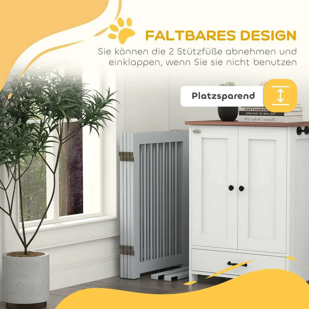 PawHut 4 dalių šunų atitvaras, 204 x 75 cm sulankstomi apsauginiai varteliai su durelėmis, laisvai stovintis šunų atitvaras su 2 atraminėmis kojelėmis, mediniai laiptų varteliai koridoriui, virtuvei, laiptams, šviesiai pilki