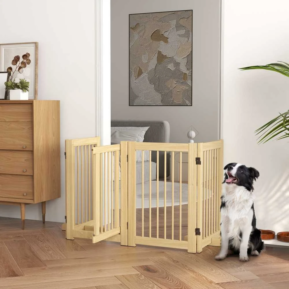 PawHut 4 dalių sulankstoma šunų apsauginė tvorelė, 204 x 75 cm, su durelėmis, laisvai pastatoma, su 2 atraminėmis kojelėmis, medinė tvorelė laiptams, koridoriui, virtuvei, natūralaus medžio spalvos