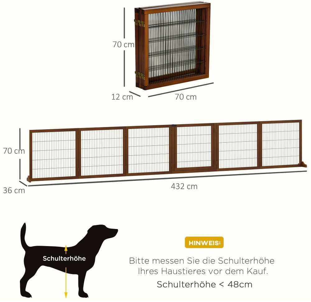 "PawHut" 6 dalių užtvara šunims, 432 x 70 cm Sulankstomi varteliai su 2 atraminėmis kojelėmis, laisvai pastatomi varteliai šunims, laiptų varteliai vidutinio dydžio šunims, skirti koridoriams, laiptams, kavai