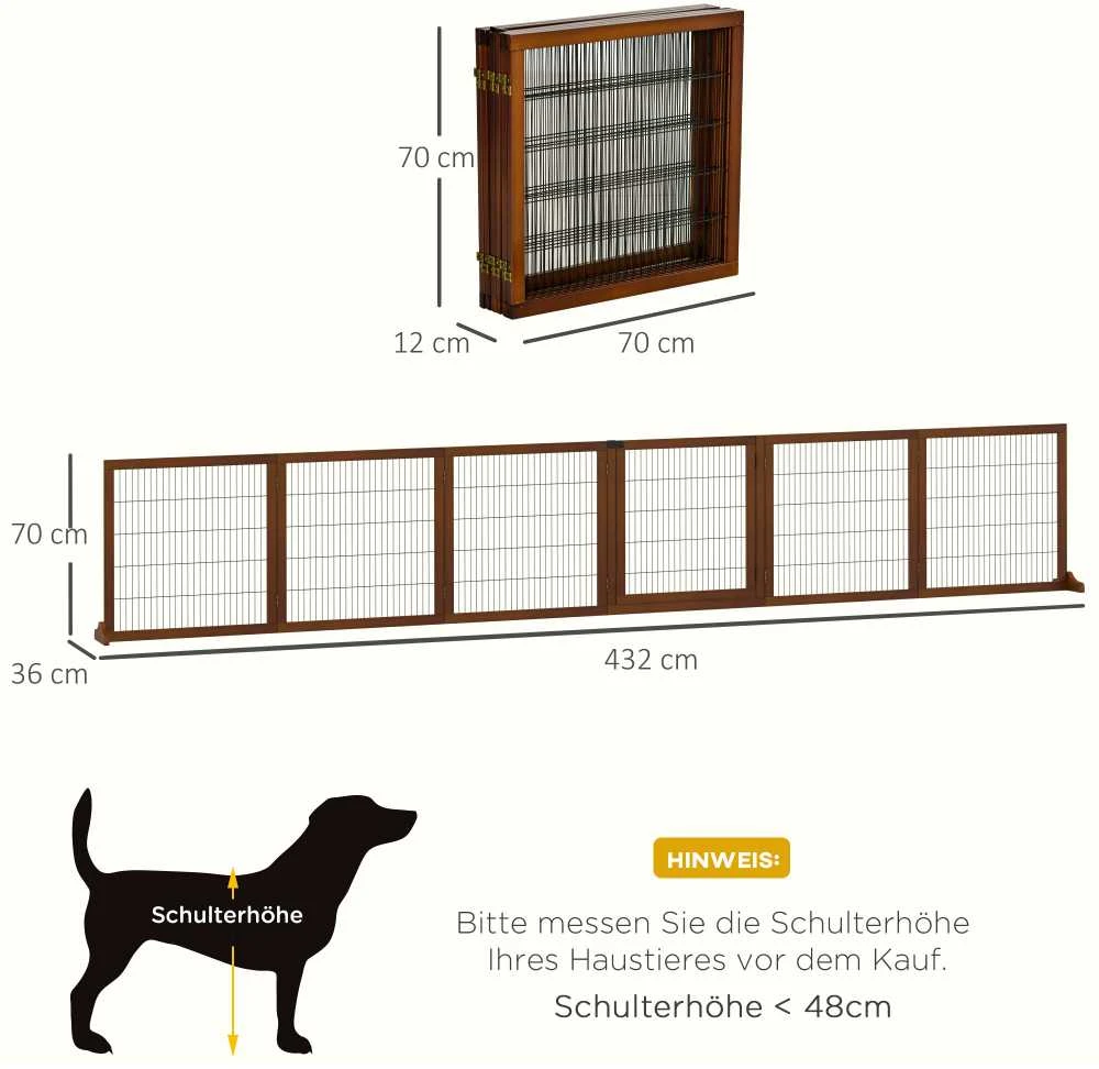 "PawHut" 6 dalių užtvara šunims, 432 x 70 cm Sulankstomi varteliai su 2 atraminėmis kojelėmis, laisvai pastatomi varteliai šunims, laiptų varteliai vidutinio dydžio šunims, skirti koridoriams, laiptams, kavai