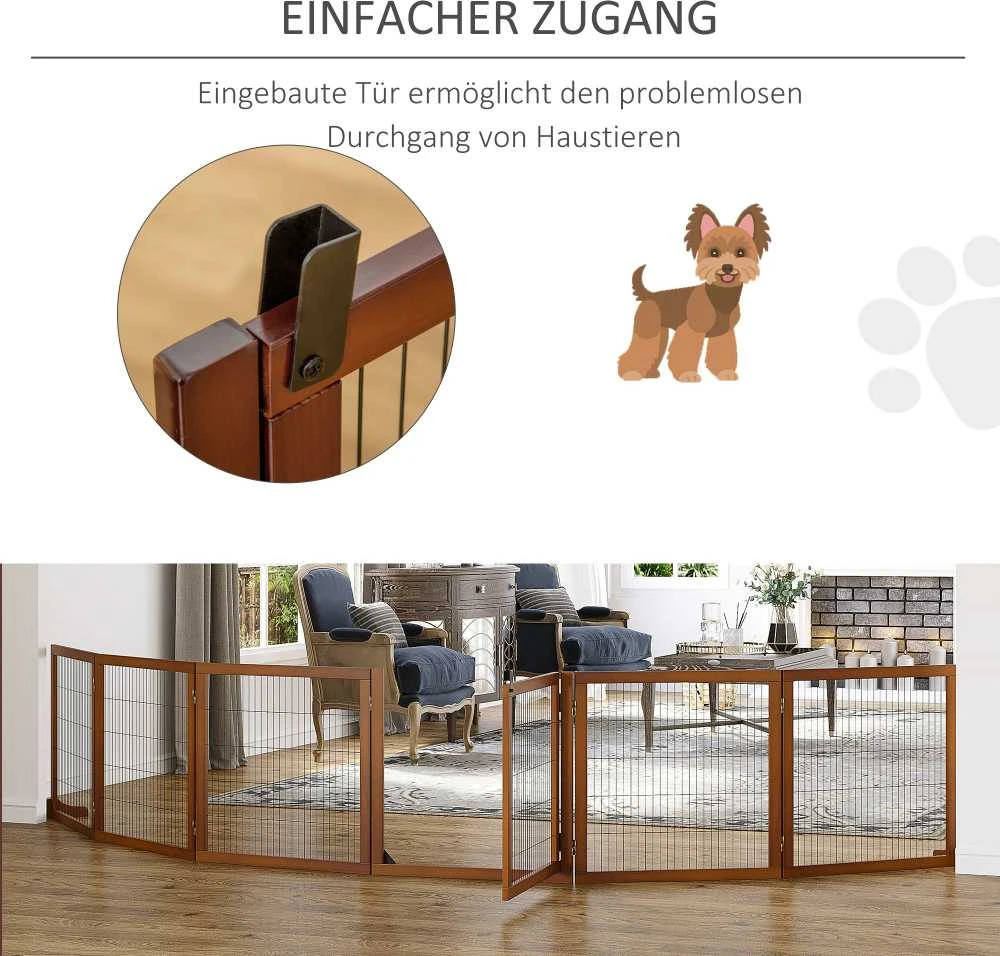 "PawHut" 6 dalių užtvara šunims, 432 x 70 cm Sulankstomi varteliai su 2 atraminėmis kojelėmis, laisvai pastatomi varteliai šunims, laiptų varteliai vidutinio dydžio šunims, skirti koridoriams, laiptams, kavai