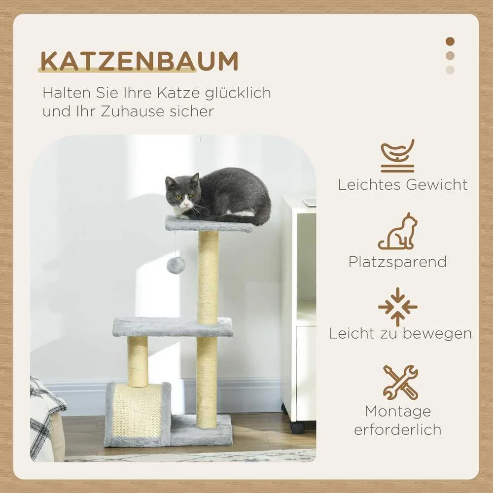 PawHut 72 cm draskyklė katėms – kačių medis su pliušiniu kamuoliuku, sizalio stulpais, platforma ir draskymo kilimėliu, šviesiai pilka