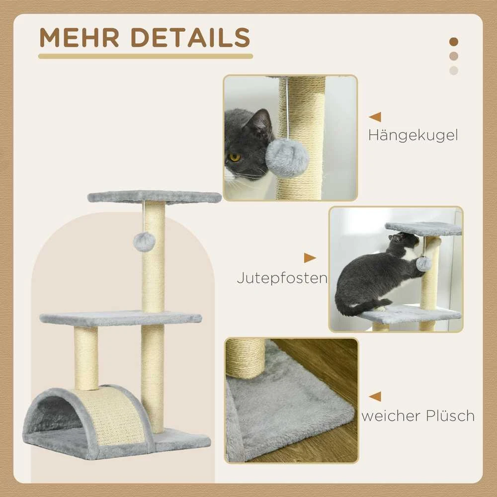 PawHut 72 cm draskyklė katėms – kačių medis su pliušiniu kamuoliuku, sizalio stulpais, platforma ir draskymo kilimėliu, šviesiai pilka