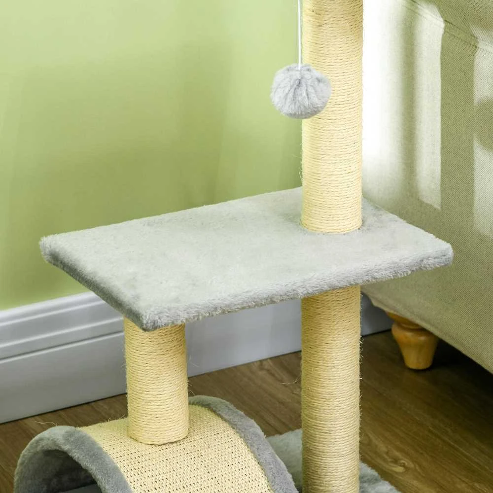 PawHut 72 cm draskyklė katėms – kačių medis su pliušiniu kamuoliuku, sizalio stulpais, platforma ir draskymo kilimėliu, šviesiai pilka