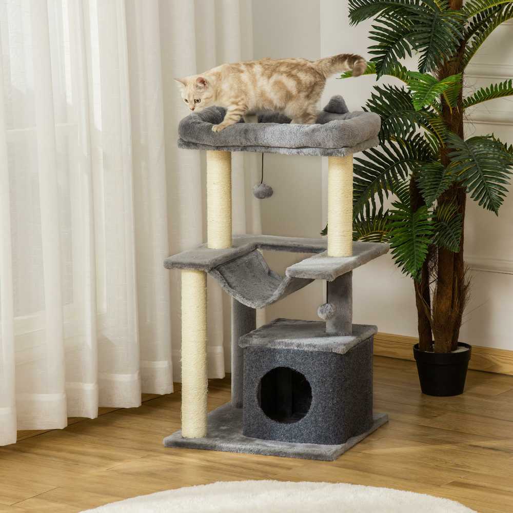 PawHut 90 cm draskyklė su hamaku, nameliu, platformomis, pliušinė, sizalis, pilka