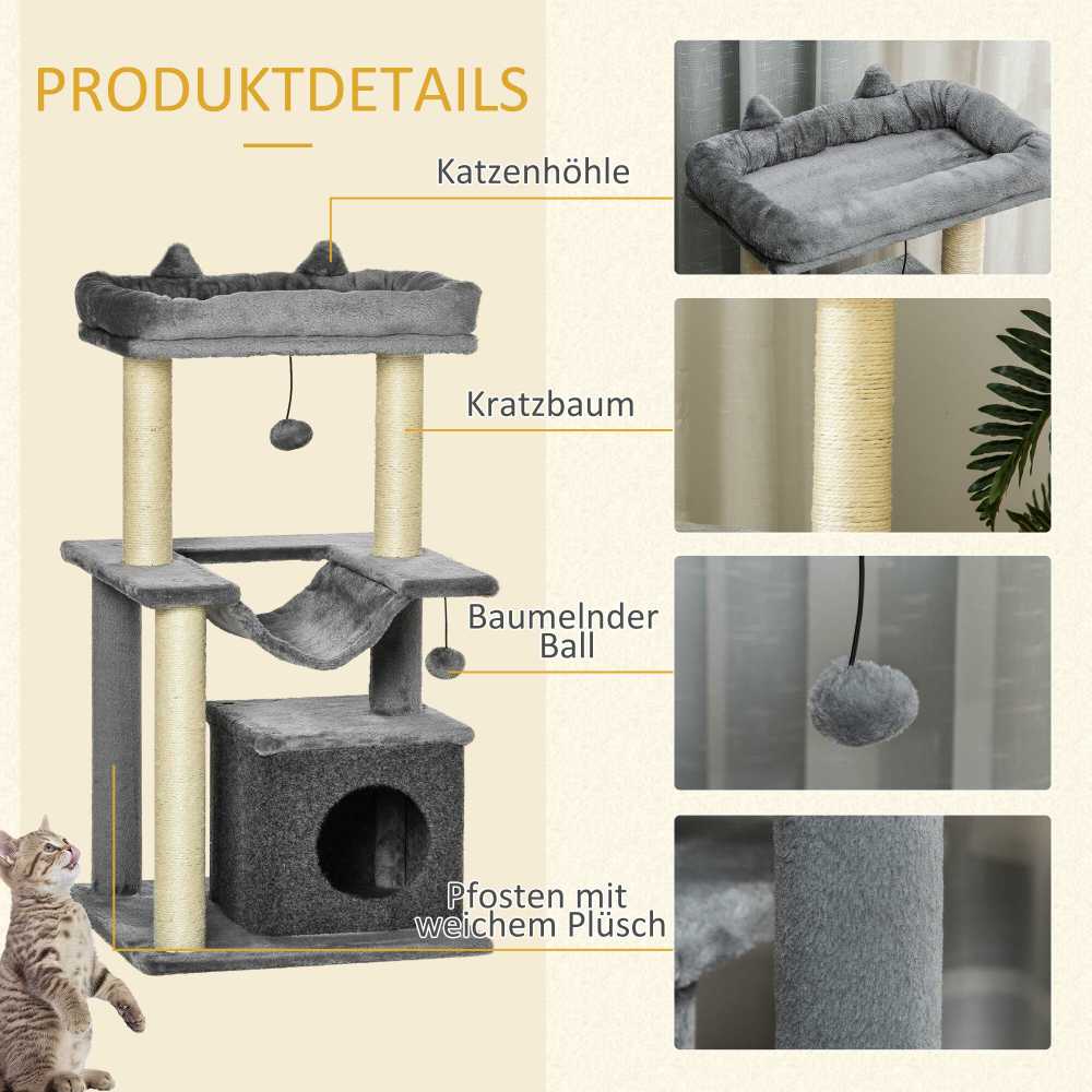 PawHut 90 cm draskyklė su hamaku, nameliu, platformomis, pliušinė, sizalis, pilka