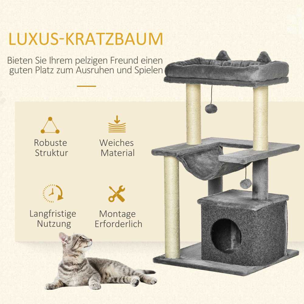PawHut 90 cm draskyklė su hamaku, nameliu, platformomis, pliušinė, sizalis, pilka